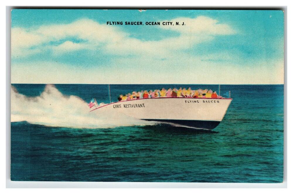 Ocean City NJ Flying Saucer Speed Boat Chris Restaurant Linen Postcard